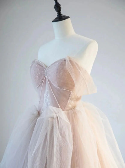 Champagne Pink Off Shoulder Tulle Lace Long Prom Dress