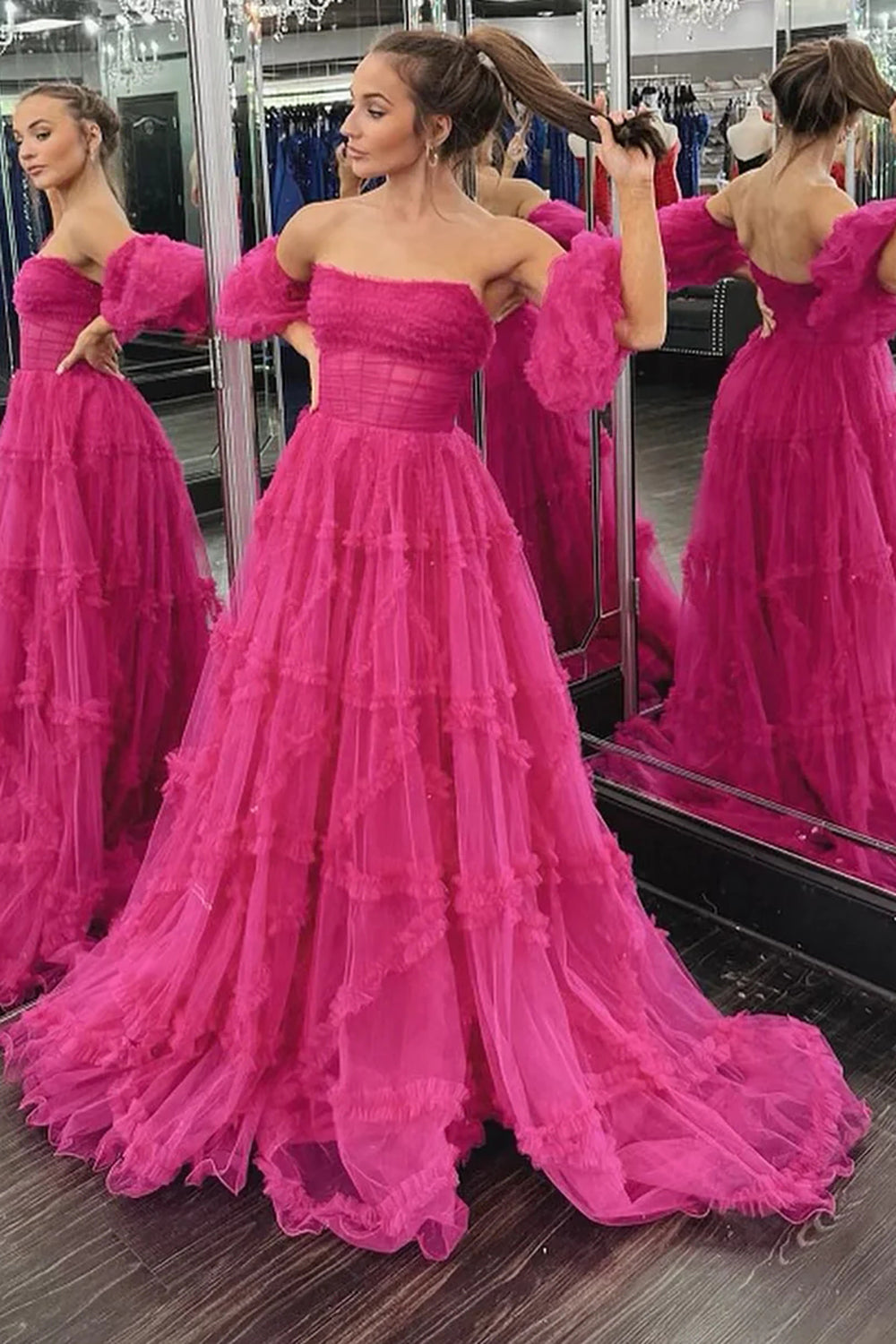 Weitese Stunning A Line Strapless Fuchsia Corset Prom Dress with Sweep Train