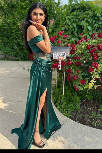 Weitese Stylish Mermaid Off the Shoulder Dark Green Corset Prom Dress with Split Front