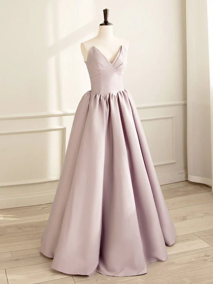 Simple A-line Satin Pink Long Prom Dress