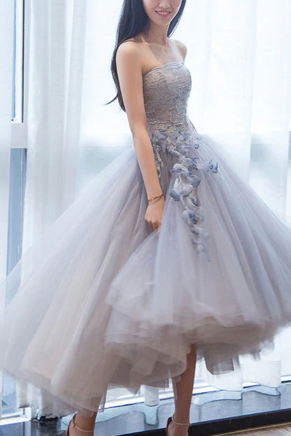 Gray sweetheart tulle lace short Evening Dresses