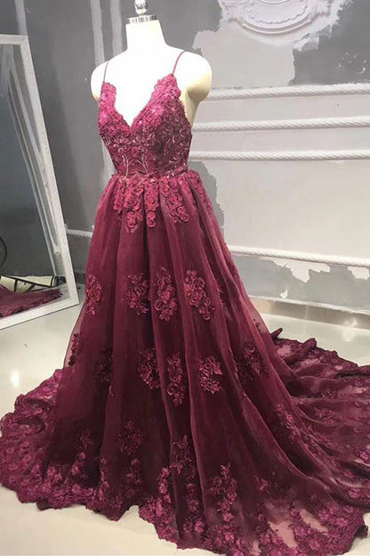 Spaghetti Straps Burgundy Tulle Lace Long Wedding Dresses With Train