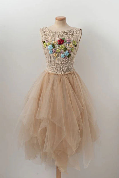 Backless Off Sleeves Champagne Tulle Beads Short Homecoming Dress