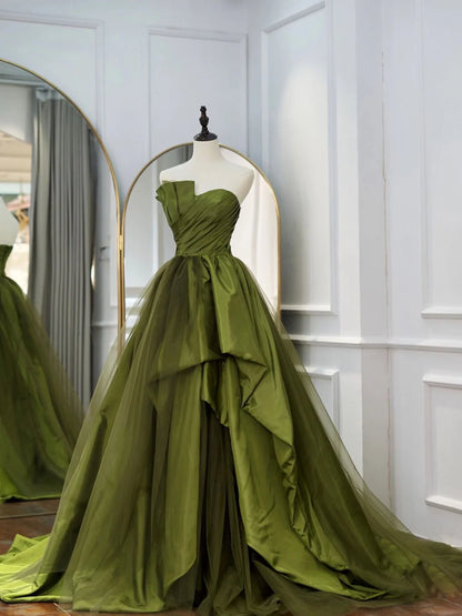 Green Satin Long Prom Dresses