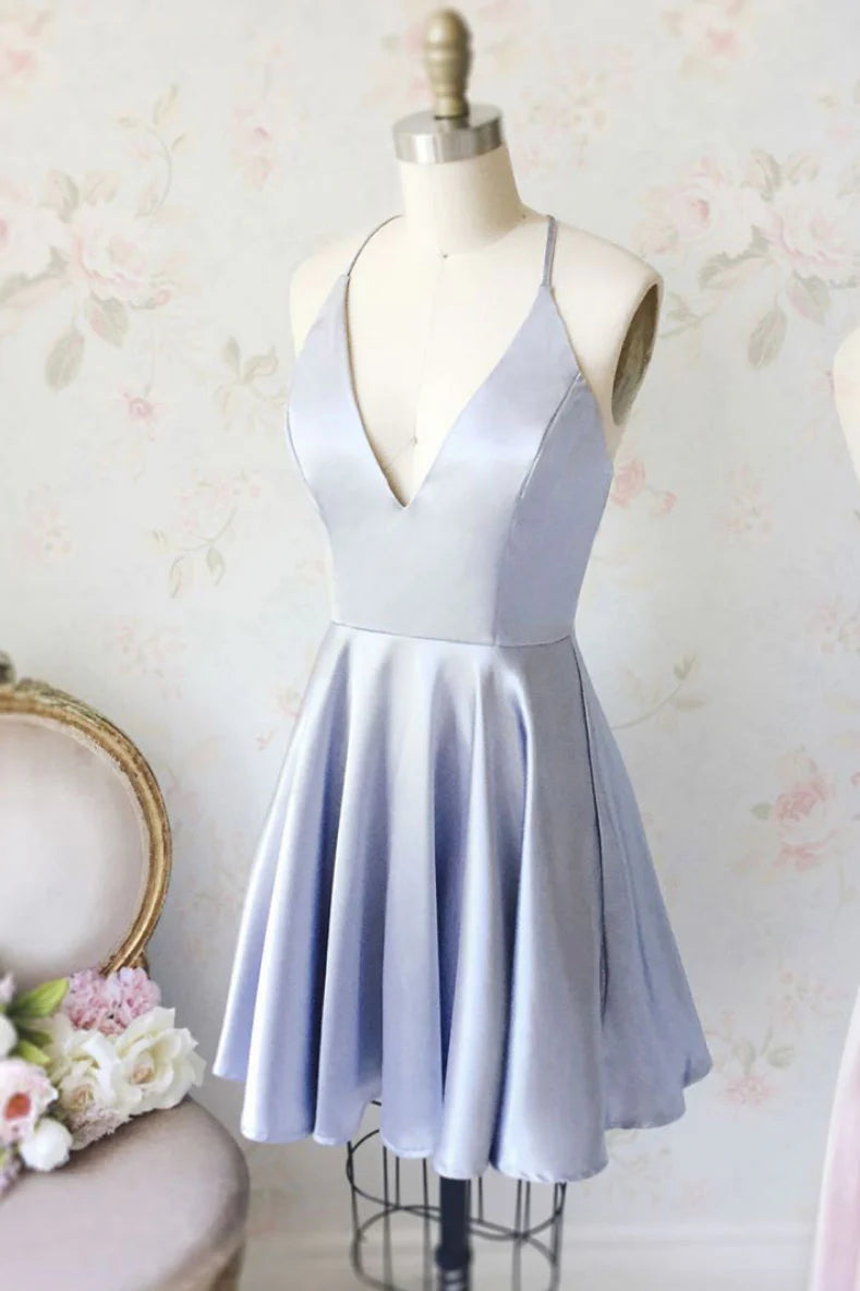 Light blue v neck short homecoming dress