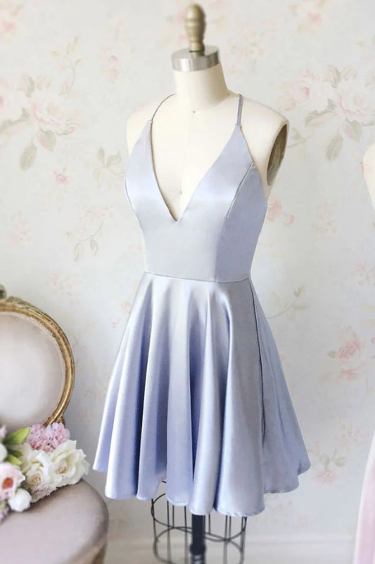 Light blue v neck short homecoming dress