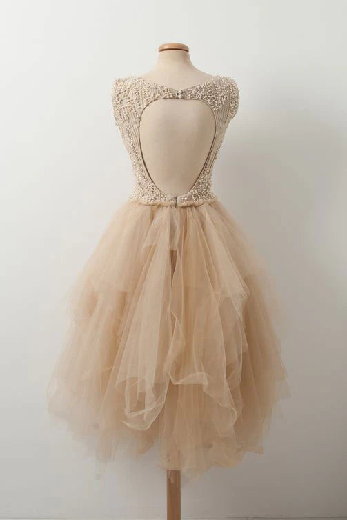 Backless Off Sleeves Champagne Tulle Beads Short Homecoming Dress