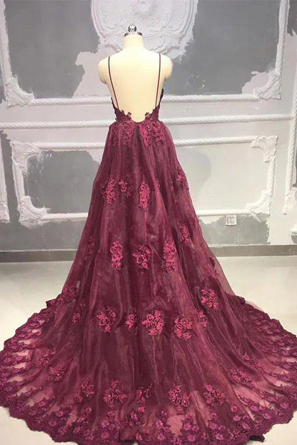 Spaghetti Straps Burgundy Tulle Lace Long Wedding Dresses With Train