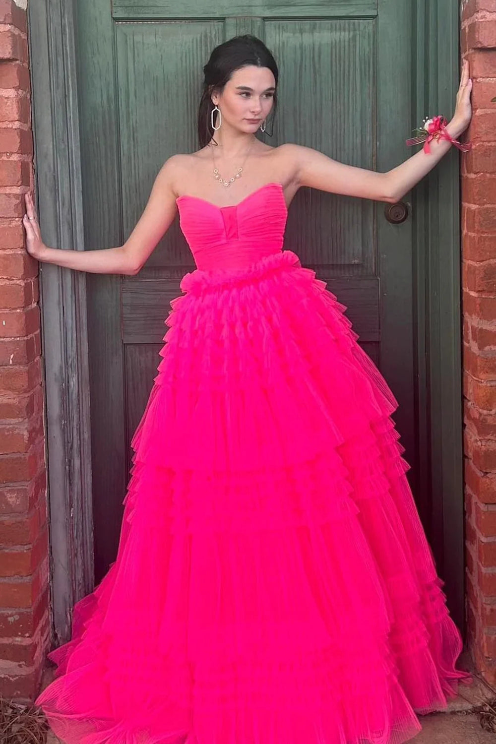 Weitese Trendy A Line Strapless Hot Pink Long Prom Dress with Ruffles