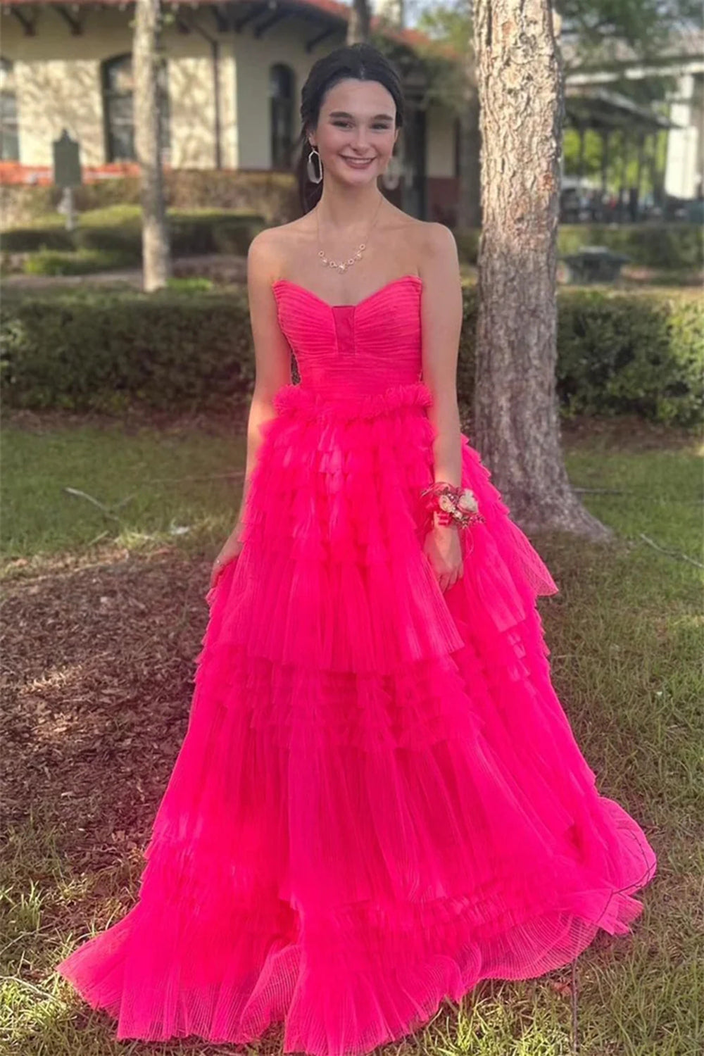 Weitese Trendy A Line Strapless Hot Pink Long Prom Dress with Ruffles