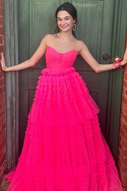 Weitese Trendy A Line Strapless Hot Pink Long Prom Dress with Ruffles