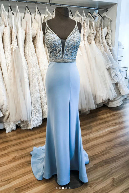 Blue V Neck Satin Long Backless Wedding Dresses With Train