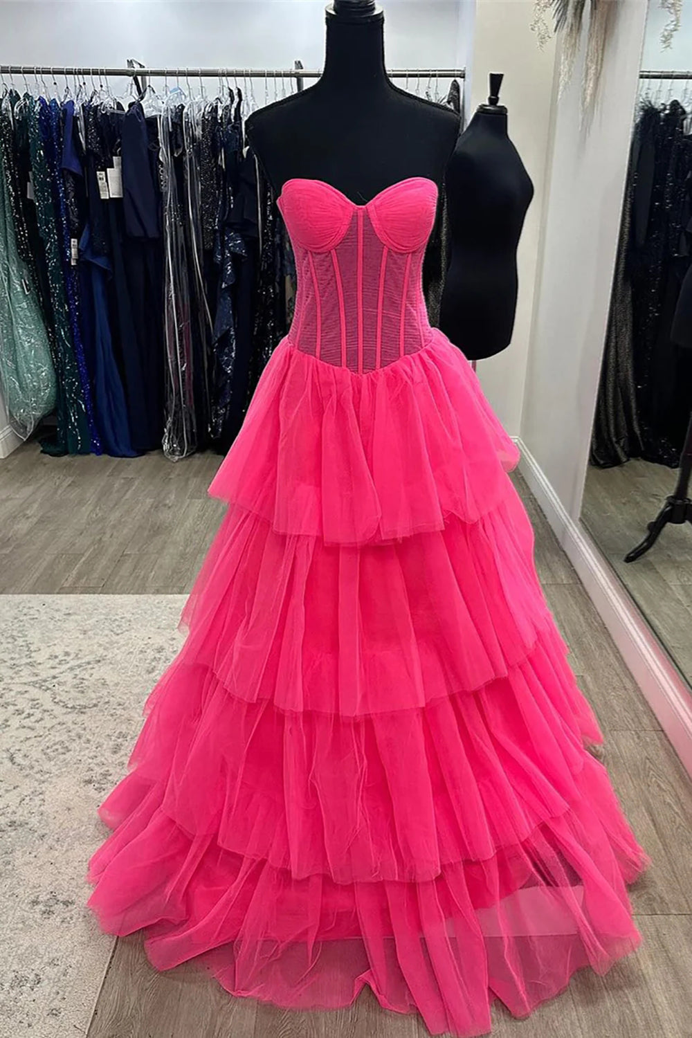 Weitese Charming A Line Sweetheart Hot Pink Corset Prom Dress with Ruffles