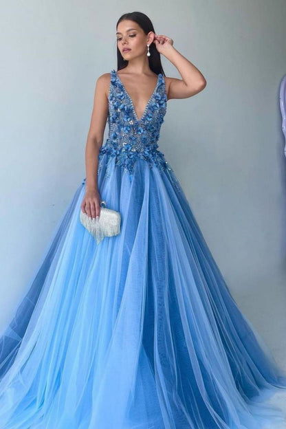 Weitese Gorgeous A Line Deep V Neck Blue Long Prom Dress with Appliques