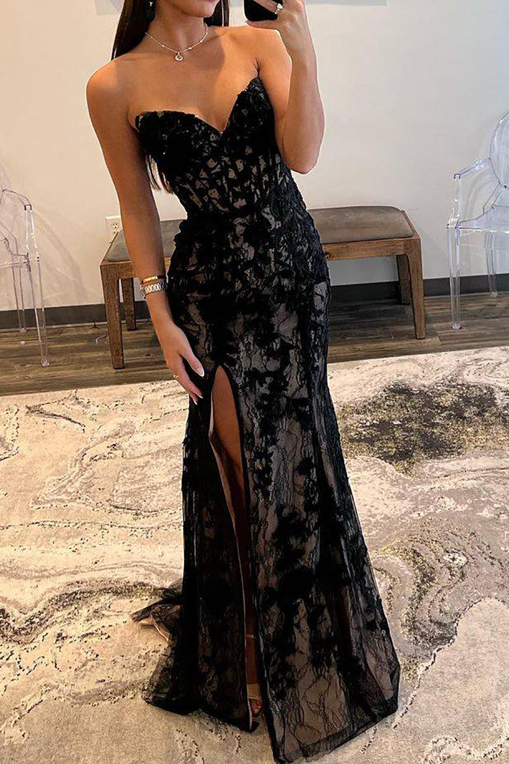 Weitese Mermaid Sweetheart Black Corset Prom Dress with Appliques