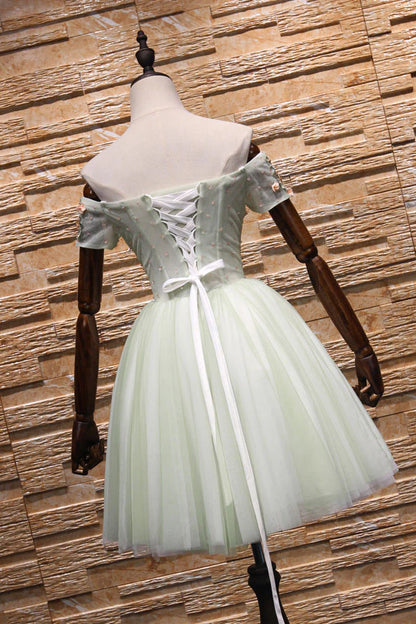 Light green tulle lace applique short homecoming dress