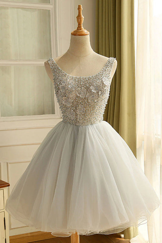 Gray round neck tulle short Homecoming Dresses