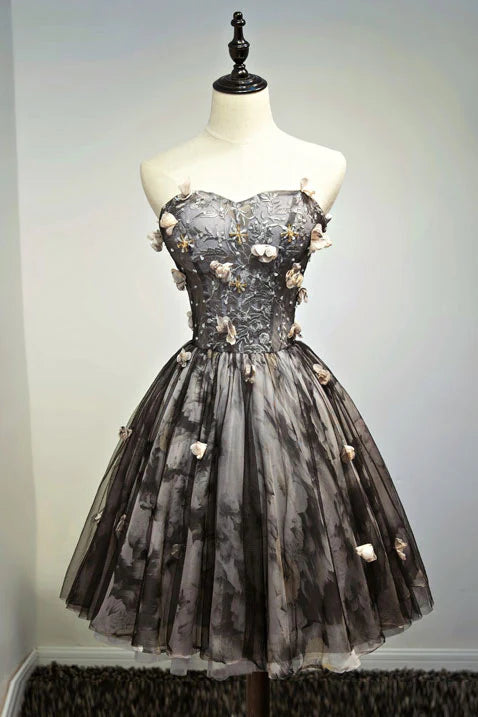 Black tulle lace short homecoming dress