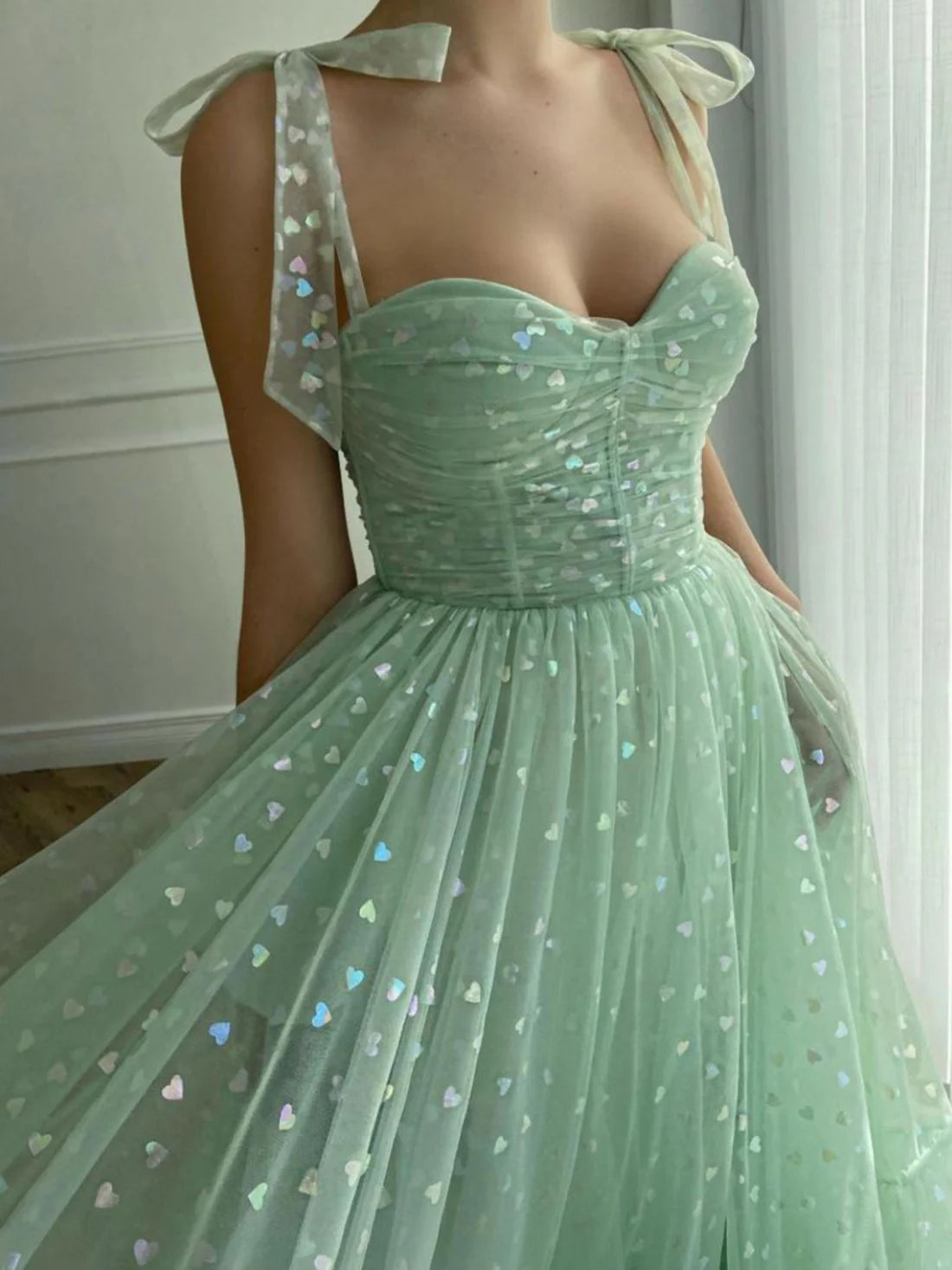 Green sweetheart neck tulle tea length prom dress green bridesmaid dress