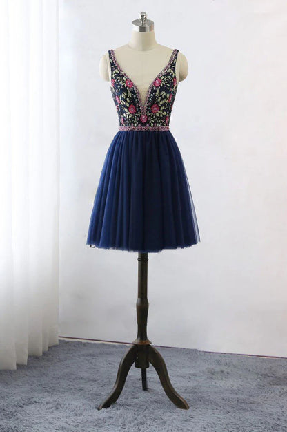 Dark blue v neck lace tulle short homecoming dress