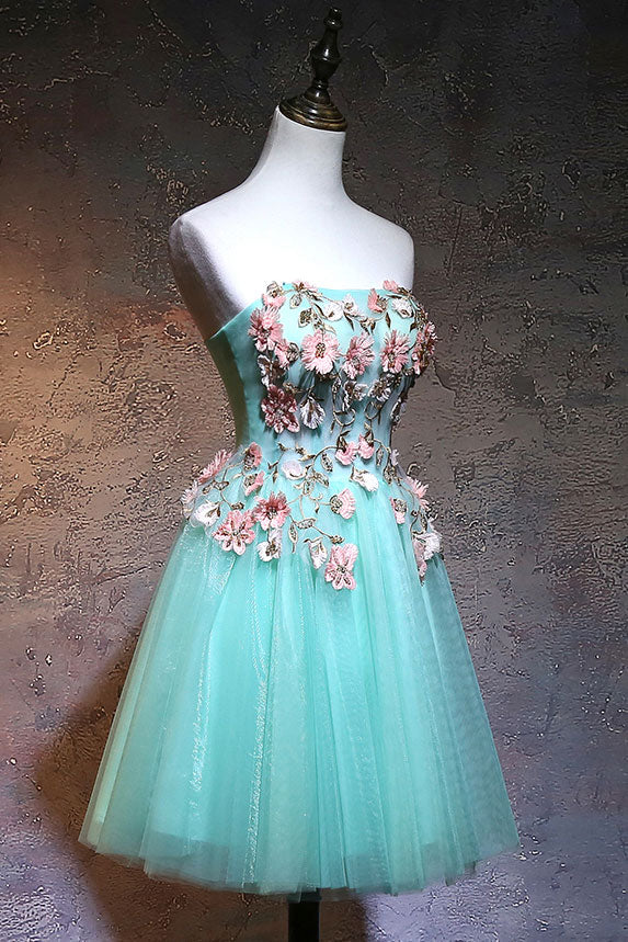 Cute green tulle lace applique short Homecoming Dresses