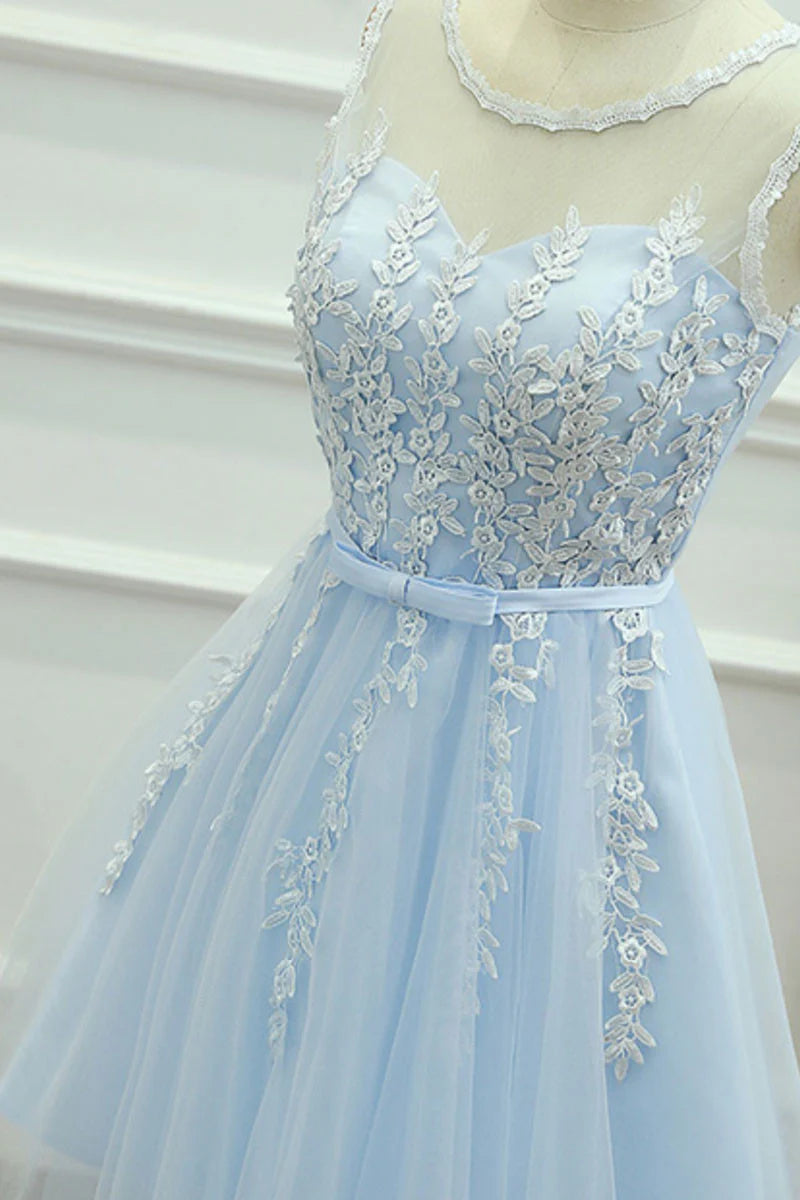 Cute round neck lace tulle blue homeoming dress