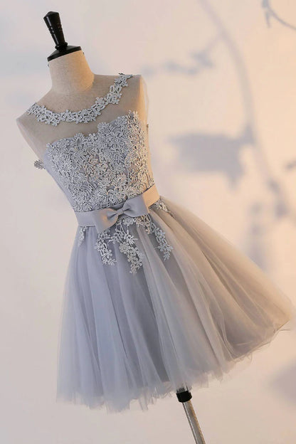 Cute gray round neck tulle lace short homecoming dress