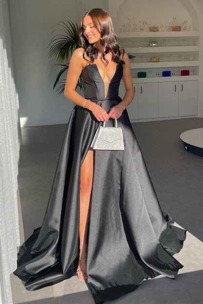 Weitese Stylish A Line Deep V Neck Black Long Prom Dress with Split Front