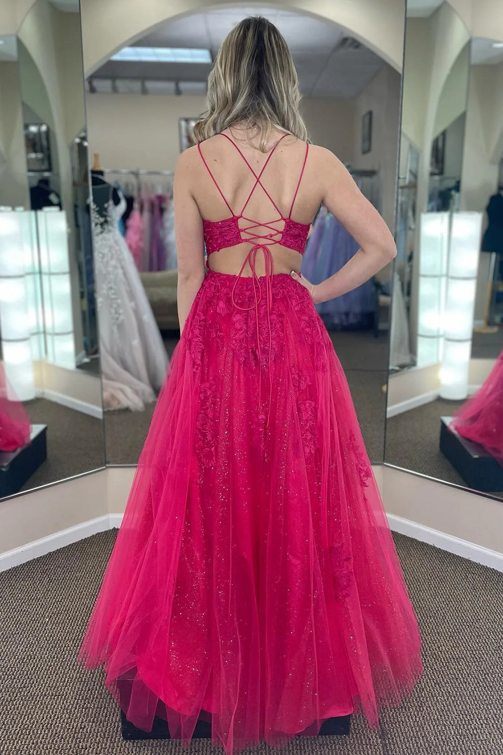 Weitese Stunning A Line Spaghetti Straps Fuchsia Long Prom Dress with Appliques