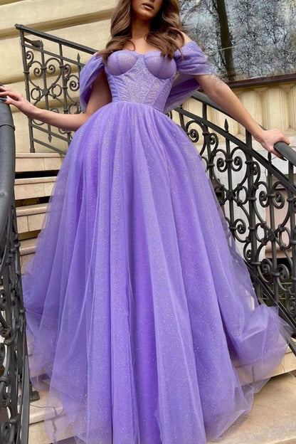 Weitese A Line Off the Shoulder Purple Long Prom Dress with Slit