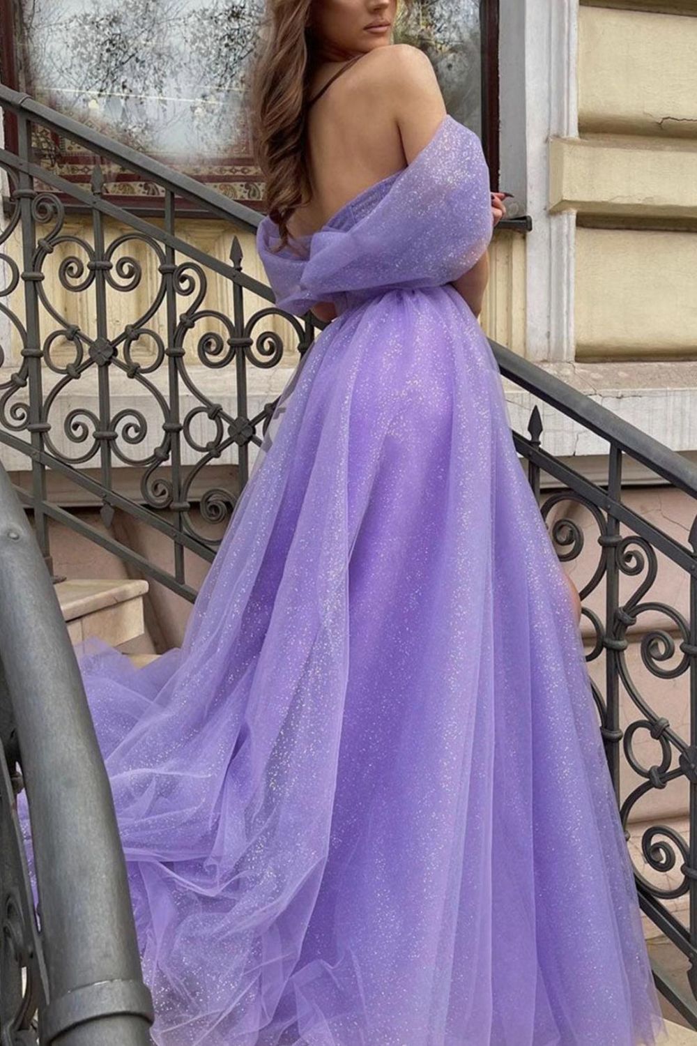 Weitese A Line Off the Shoulder Purple Long Prom Dress with Slit