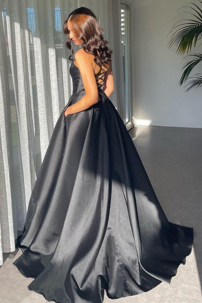 Weitese Stylish A Line Deep V Neck Black Long Prom Dress with Split Front