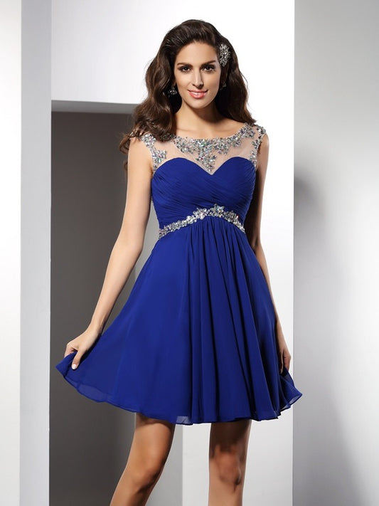 Weitese A-Line/Princess Scoop Beading Sleeveless Short Chiffon Cocktail Dresses