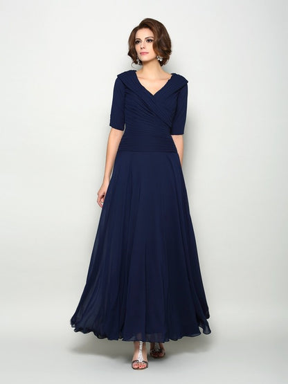 V-neck 1/2 Sleeves Long Chiffon Mother of the Bride Dresses