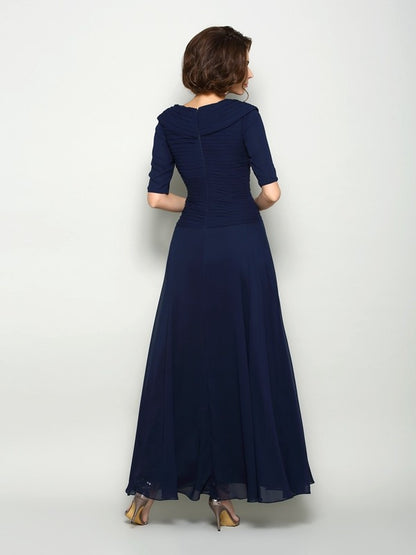 V-neck 1/2 Sleeves Long Chiffon Mother of the Bride Dresses