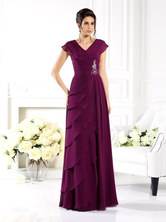 V-neck Short Sleeves Long Chiffon Mother of the Bride Dresses