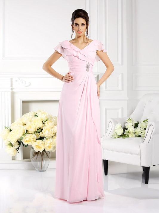 V-neck Ruffles Short Sleeves Long Chiffon Mother of the Bride Dresses