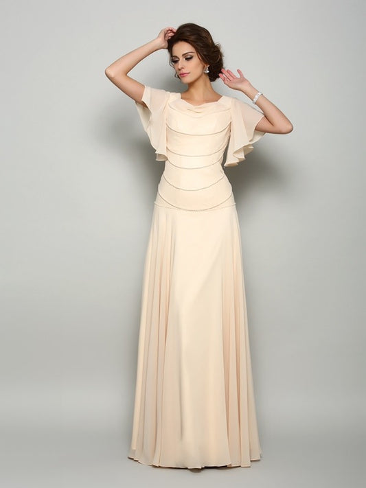 Square Beading Short Sleeves Long Chiffon Mother of the Bride Dresses