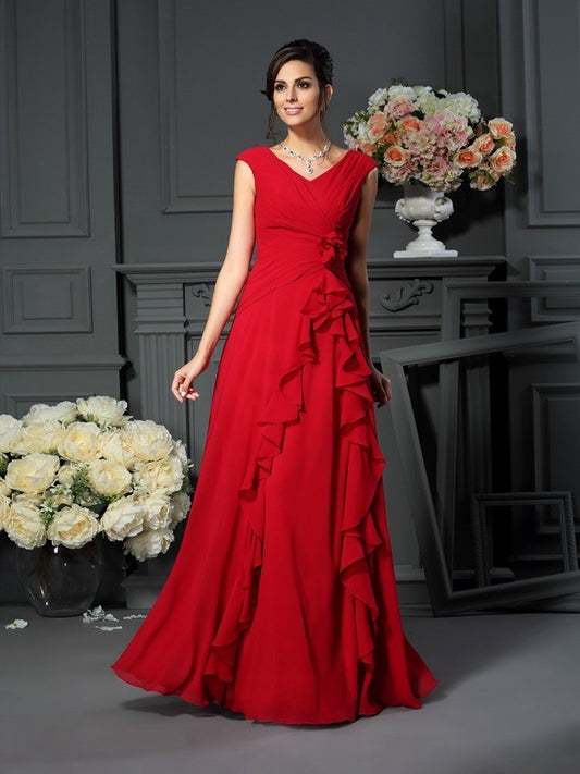 V-neck Hand-Made Flower Sleeveless Long Chiffon Mother of the Bride Dresses