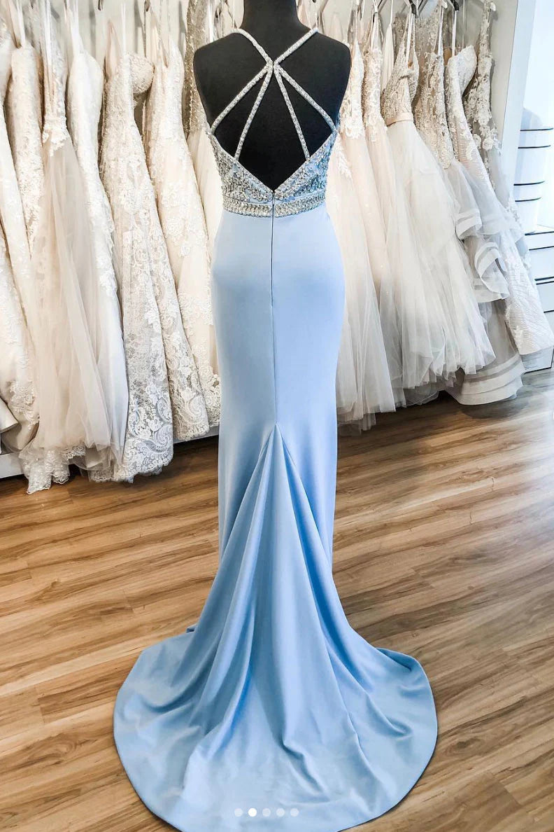 Blue V Neck Satin Long Backless Wedding Dresses With Train