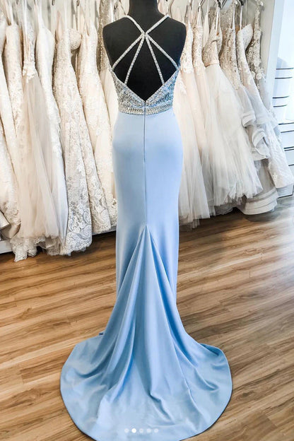 Blue V Neck Satin Long Backless Wedding Dresses With Train