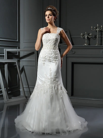 Straps Applique Sleeveless Long Satin Wedding Dresses