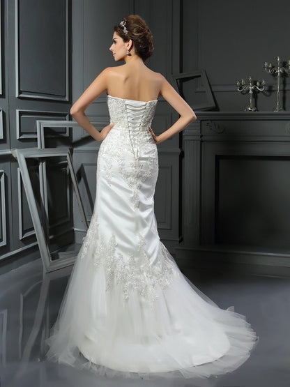 Straps Applique Sleeveless Long Satin Wedding Dresses