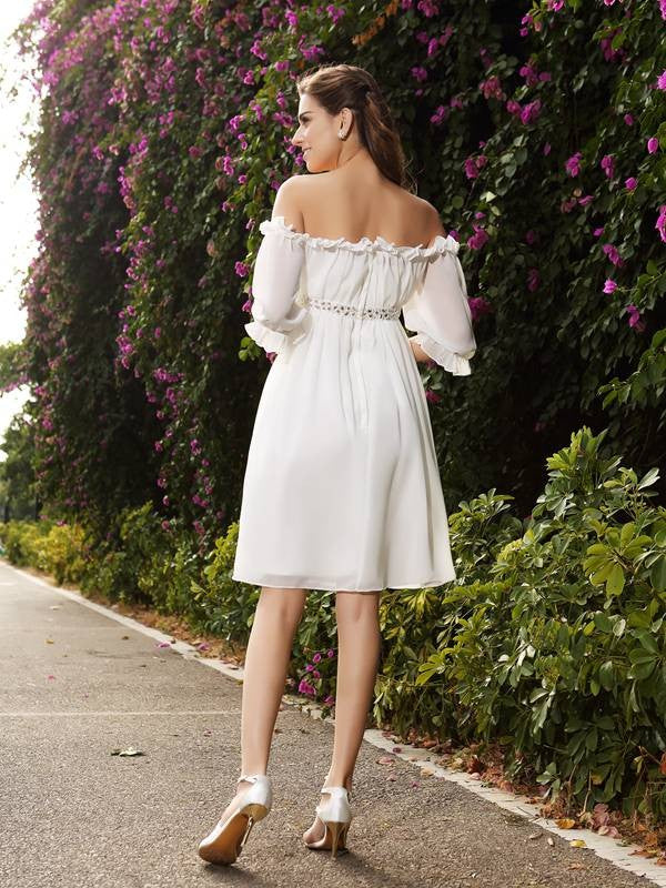 Off-the-Shoulder Beading 1/2 Sleeves Short Chiffon Wedding Dresses