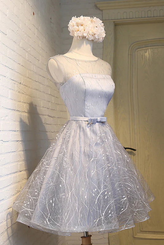 Gray round neck tulle short homecoming dress