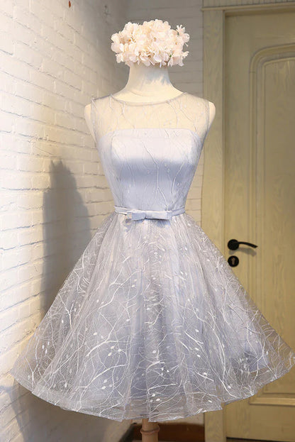 Gray round neck tulle short homecoming dress