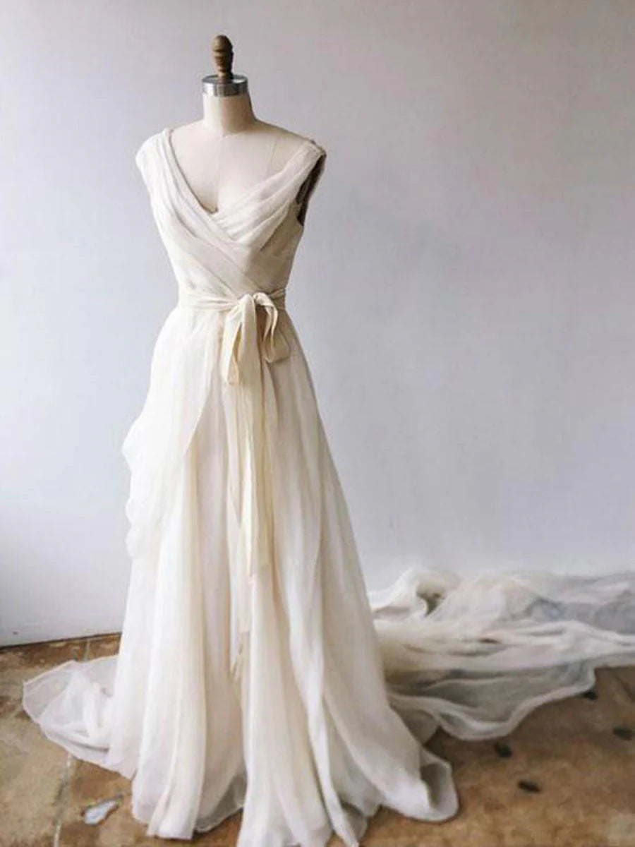 Light champagne chiffon long Wedding Dresses