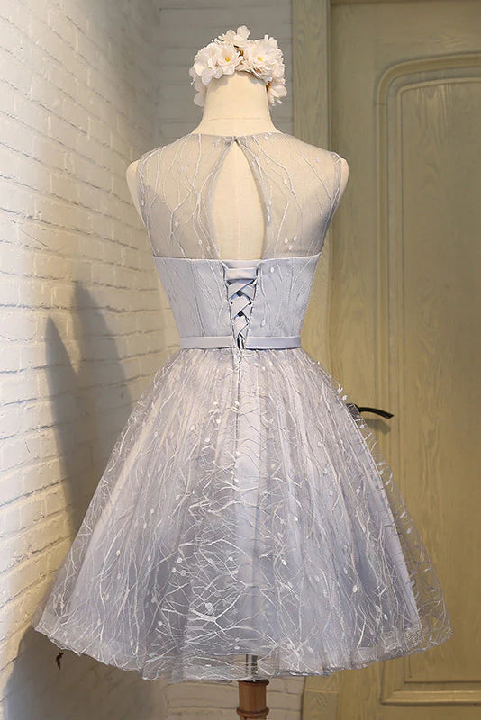 Gray round neck tulle short homecoming dress