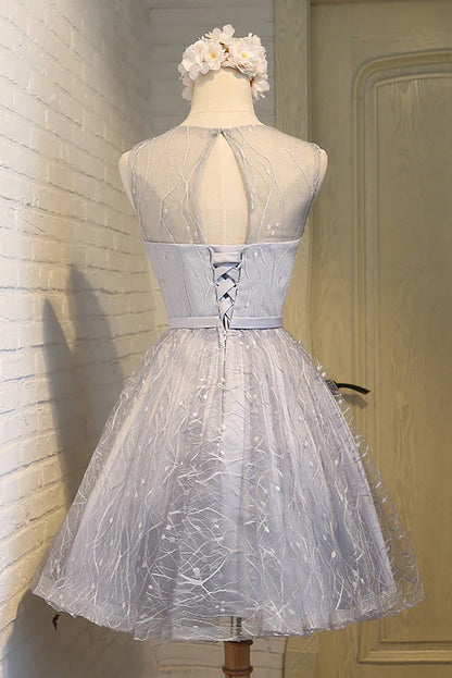 Gray round neck tulle short homecoming dress