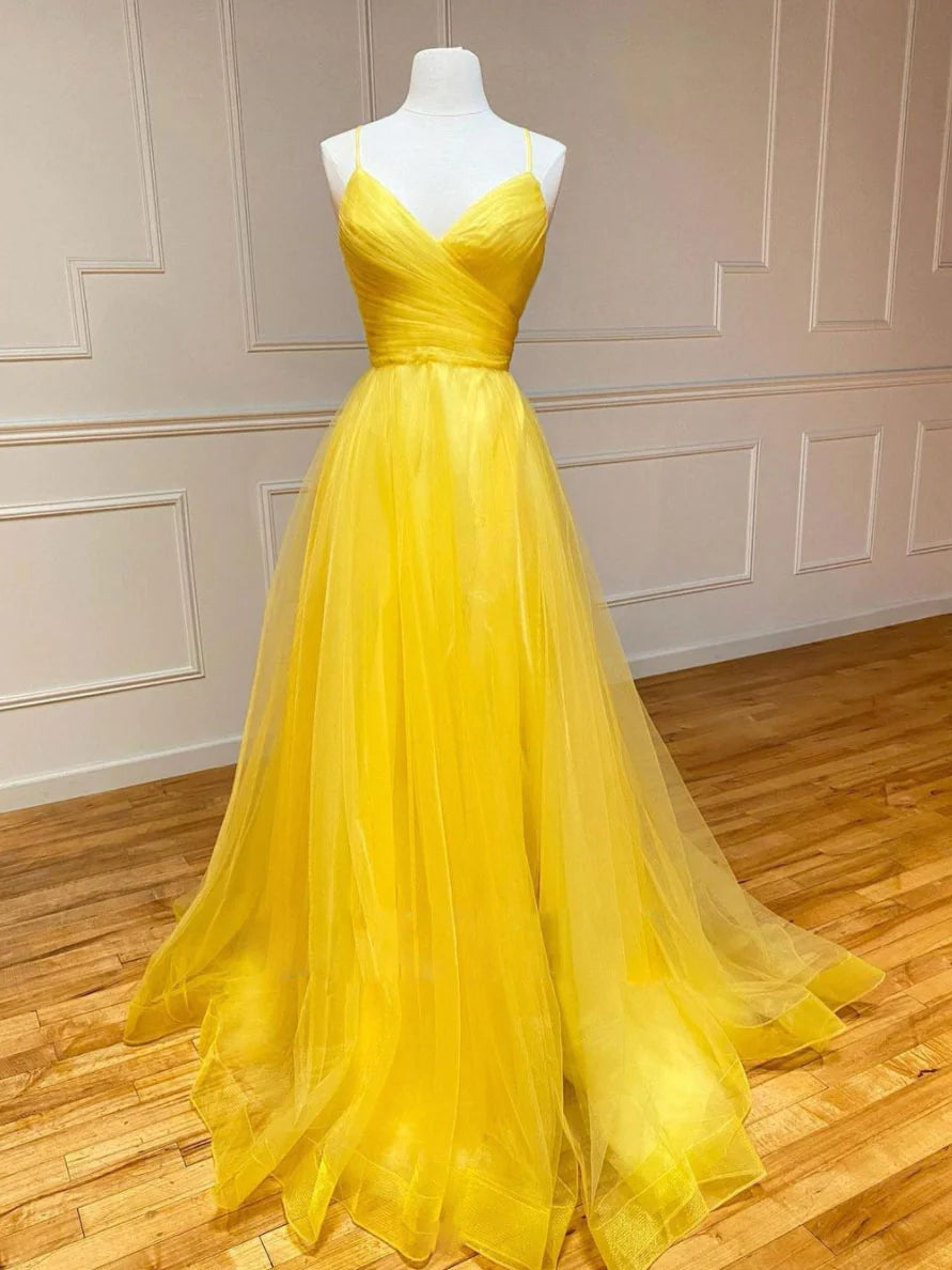 Yellow sweetheart tulle long Evening prom dress